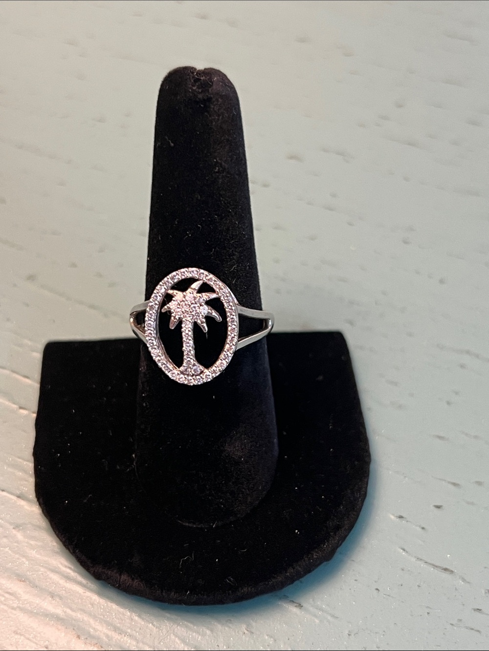 Diamond Palm Tree Silver Ring Size 9